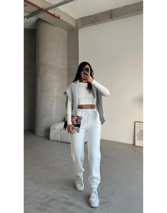 3 iplik şardonlu paça lastikli eşofman beyaz is001