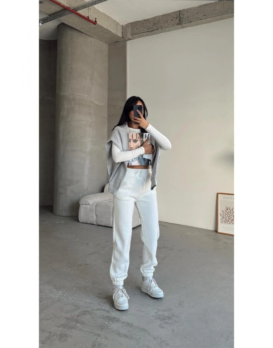 3 iplik şardonlu paça lastikli eşofman beyaz is001