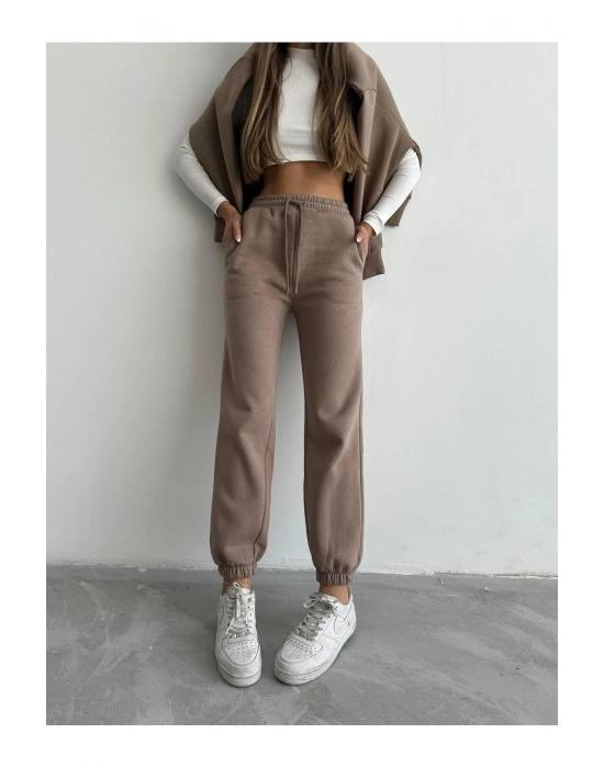 3 iplik şardonlu paça lastikli eşofman vizon is001