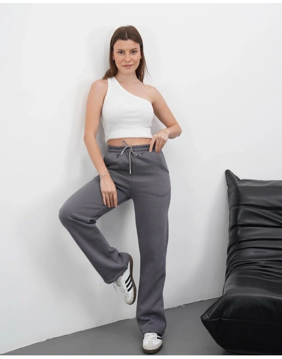 3 iplik şardonlu palazzo pantolon füme md64