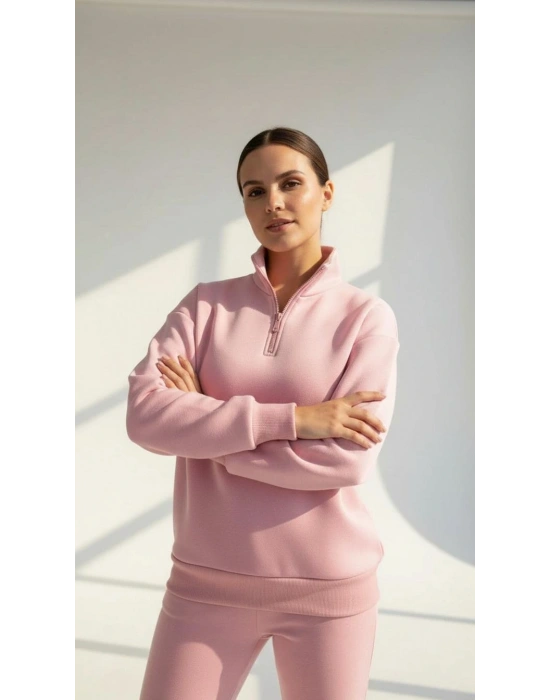 3 iplik Şardonlu yarım fermuarlı sweatshirt somon