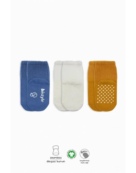 3Lü Basic Kaymaz Penye Soket Çorap 10107 İndigo Ekru Hardal
