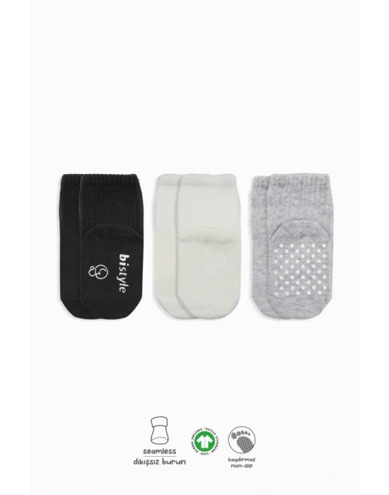 3Lü Basic Kaymaz Penye Soket Çorap 10107 Siyah Ekru Gri
