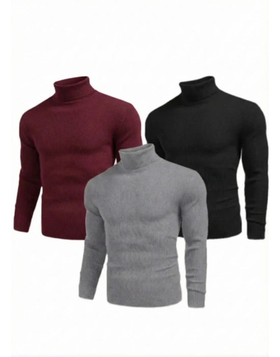 3lü Siyah, Bordo, Gri Unisex Kaşkorse Boğazlı Full Likralı Fitilli Body Kazak