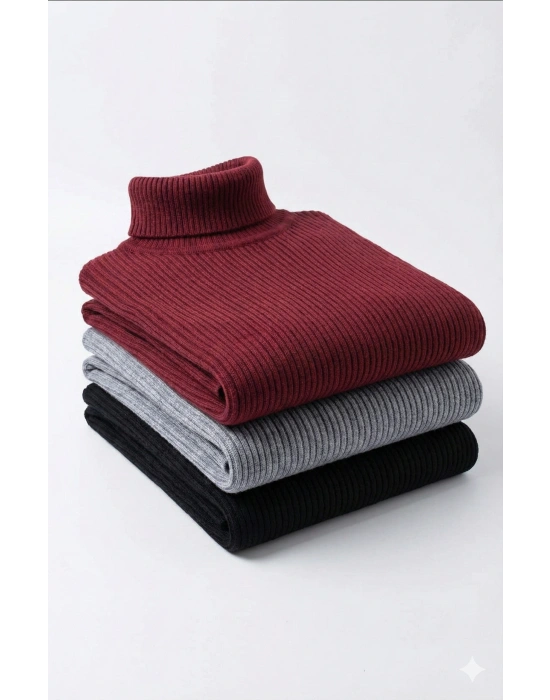 3lü Siyah, Bordo, Gri Unisex Kaşkorse Boğazlı Full Likralı Fitilli Body Kazak