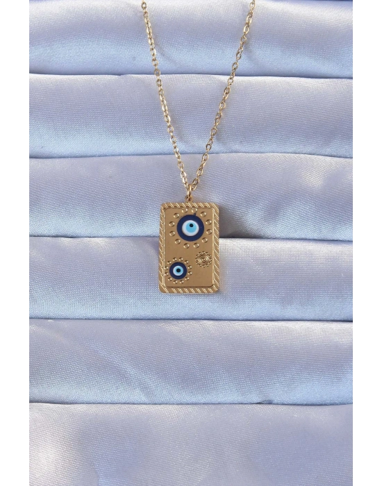 316L Altın Renk İşlemeli Nazarlı Vintage Kolye