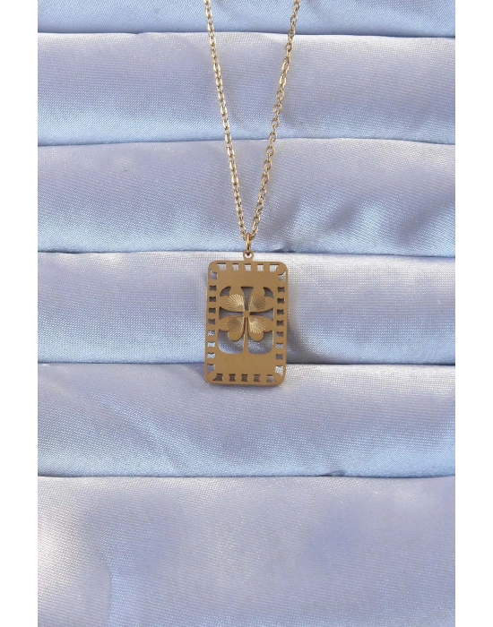 316L Altın Renk İşlemeli Yonca Model Vintage Kolye