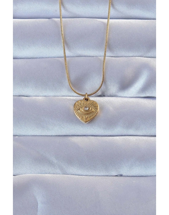 316L Altın Renk Zirkon Taşlı İşlemeli Göz Detay Kalp Kolye