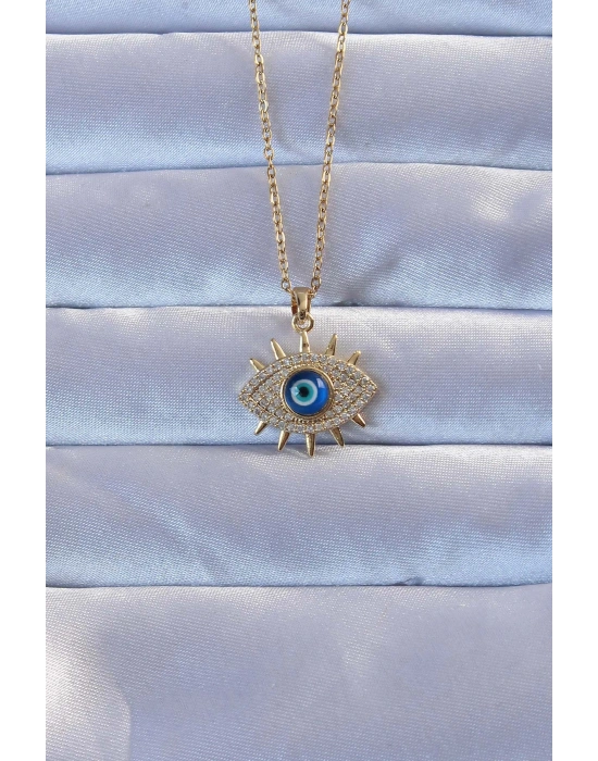 316L Altın Renk Zirkon Taşlı Nazarlı Göz Kolye