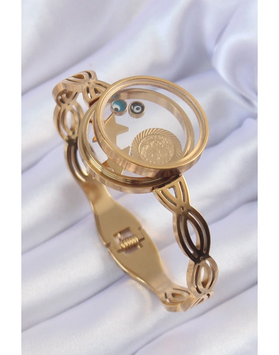 316L Çelik Altın Renk İçi Nazar Boncuk ve Yıldız Figürlü Açılabilir Fanus Kelepçe