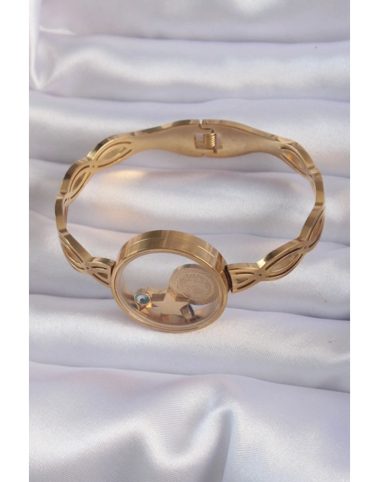 316L Çelik Altın Renk İçi Nazar Boncuk ve Yıldız Figürlü Açılabilir Fanus Kelepçe