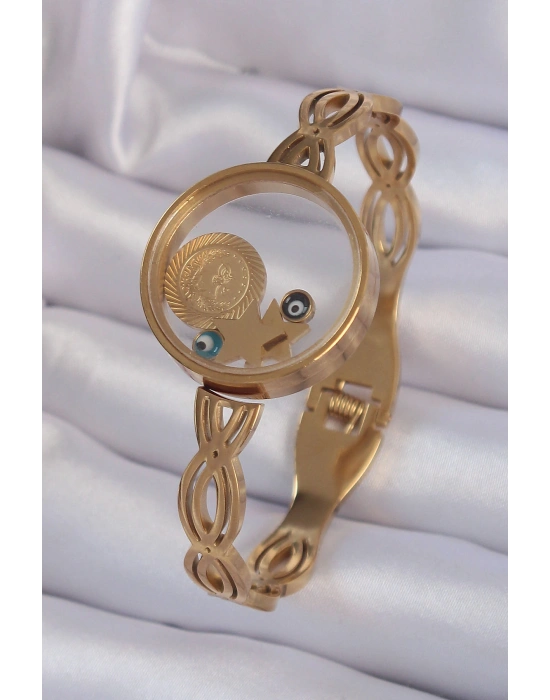 316L Çelik Altın Renk İçi Nazar Boncuk ve Yıldız Figürlü Açılabilir Fanus Kelepçe