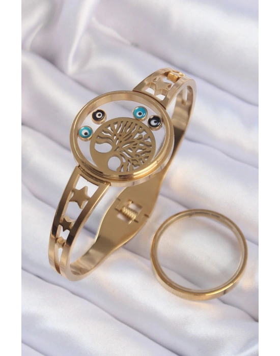 316L Çelik Altın Renk İçi Yaşam Ağacı ve Nazar Boncuk Figürlü Açılabilir Fanus Kelepçe