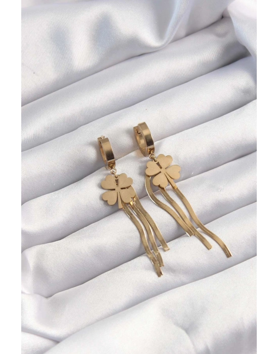 316L Çelik Altın Renk İtalyan Zincirli Yonca Model Halka Küpe