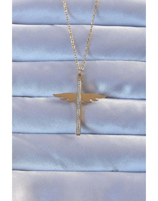 316L Çelik Altın Renk Zirkon Taşlı Mikail Kolye