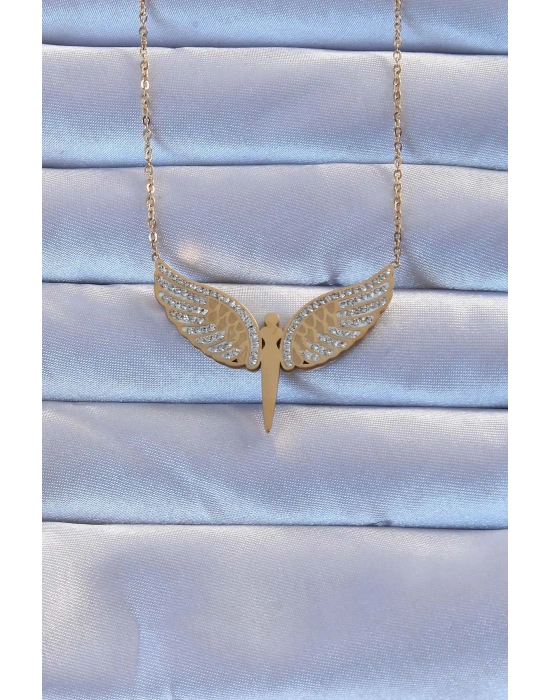 316L Çelik Altın Renk Zirkon Taşlı Mikail Kolye