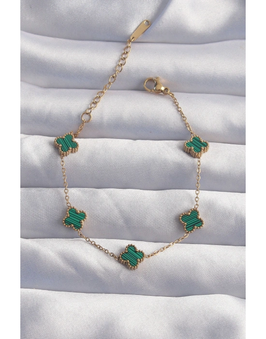 316L Çelik Baby Boy Gold Renk Çizgili Yeşil Mineli Yonca Bileklik