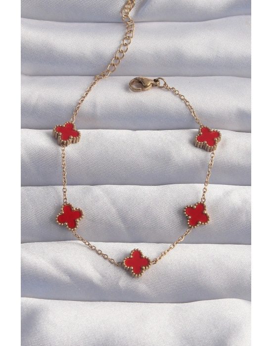 316L Çelik Baby Boy Gold Renk Kırmızı Mineli Yonca Bileklik