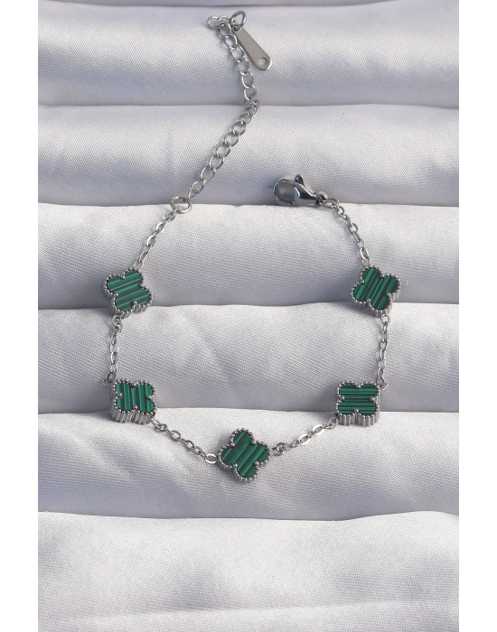 316L Çelik Baby Boy Gümüş Renk Çizgili Yeşil Mineli Yonca Bileklik