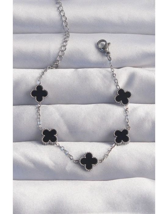 316L Çelik Baby Boy Gümüş Renk Siyah Mineli Yonca Bileklik