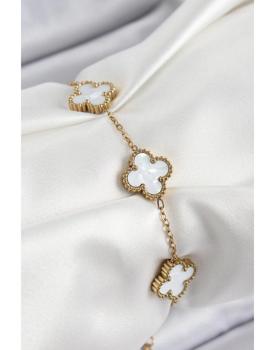 316L Çelik Beyaz Sedef Yonca Model Gold Renk Kadın Bileklik