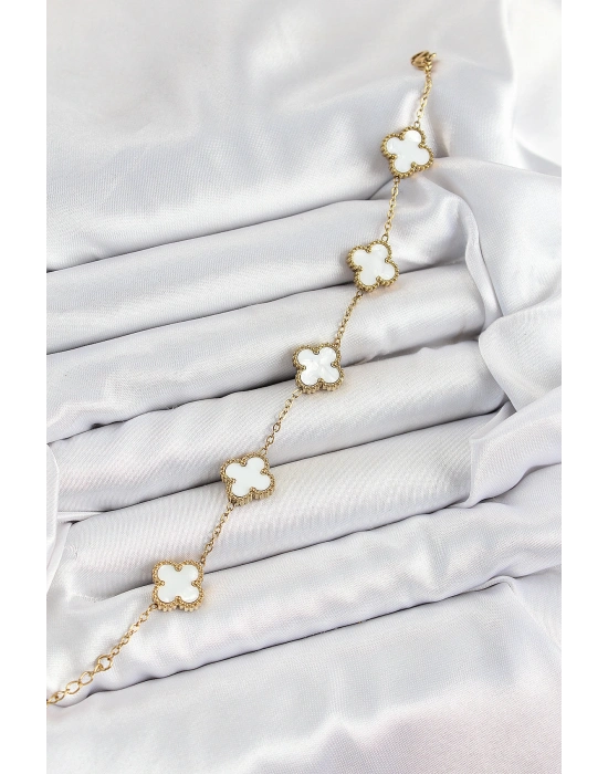 316L Çelik Beyaz Sedef Yonca Model Gold Renk Kadın Bileklik