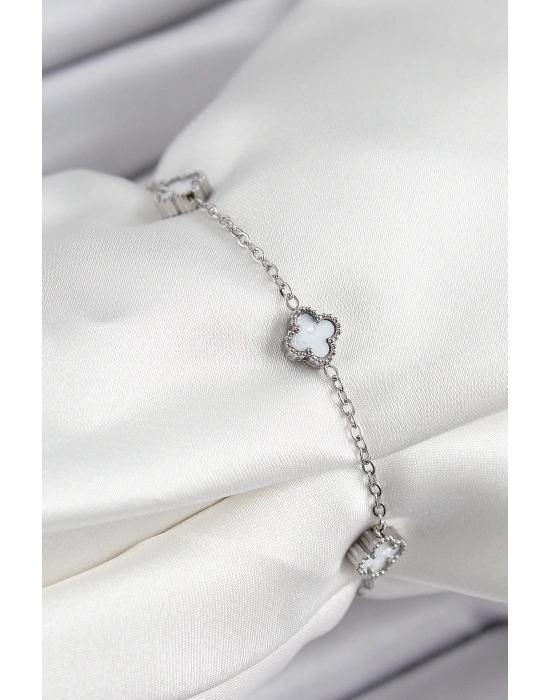 316L Çelik Beyaz Sedef Yonca Model Gümüş Renk Kadın Bileklik