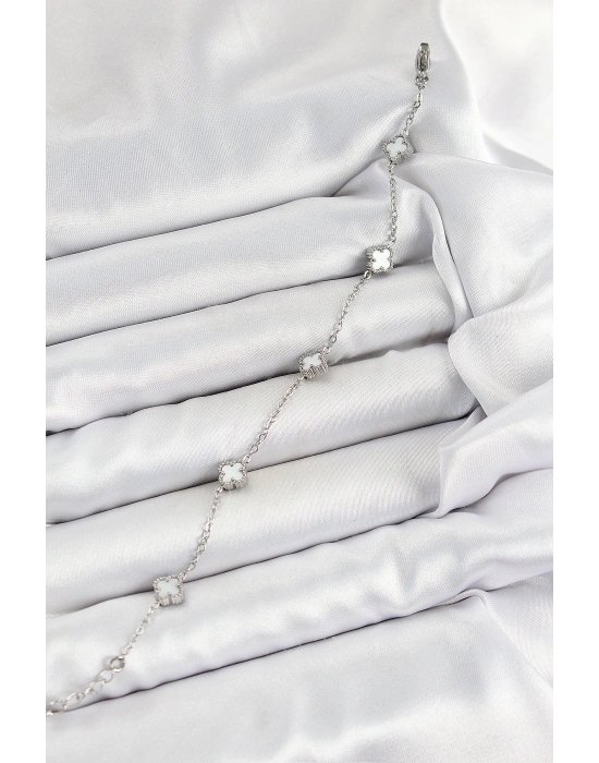 316L Çelik Beyaz Sedef Yonca Model Gümüş Renk Kadın Bileklik