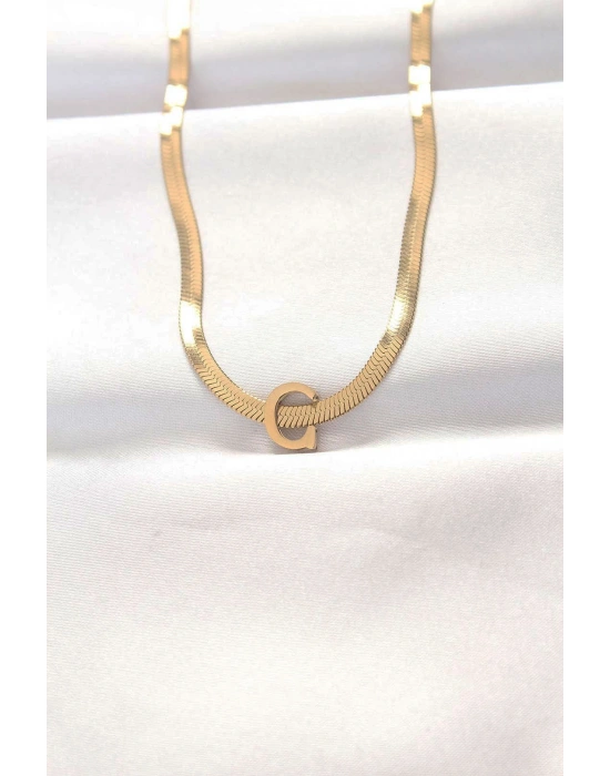 316L Çelik C Harfli Gold Renk İtalyan Zincirli Kolye