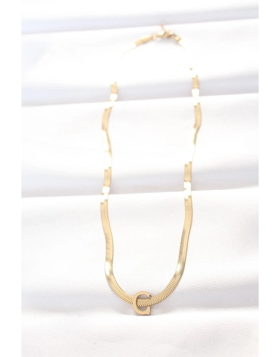 316L Çelik C Harfli Gold Renk İtalyan Zincirli Kolye