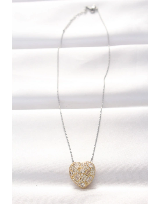 316L Çelik Çift Renk Zirkon Taşlı Kalp Kolye