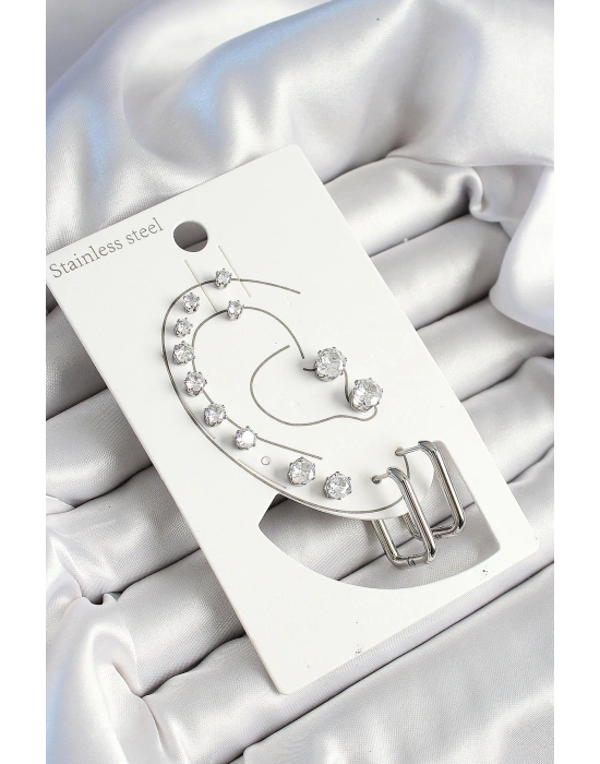 316L Çelik Dikdörtgen Figürlü Ve Zirkon Taşlı Gümüş Renk 7li Çift Kadın Küpe Set