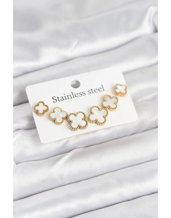 316L Çelik Gold Beyaz Renk 3 Boy Yonca Küpe Seti