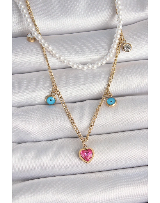 316L Çelik Gold Renk 2Li İnci Zincir Model Pembe Taşlı Kalp Figür Nazar Boncuk Detay Kadın Kolye