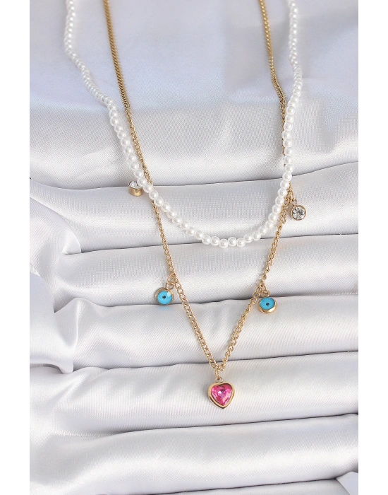 316L Çelik Gold Renk 2Li İnci Zincir Model Pembe Taşlı Kalp Figür Nazar Boncuk Detay Kadın Kolye