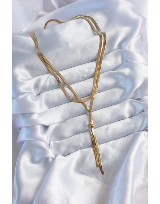 316L Çelik Gold Renk 2li İtalyan Zincir Asansör Model Sallantı Detay Kadın Kolye