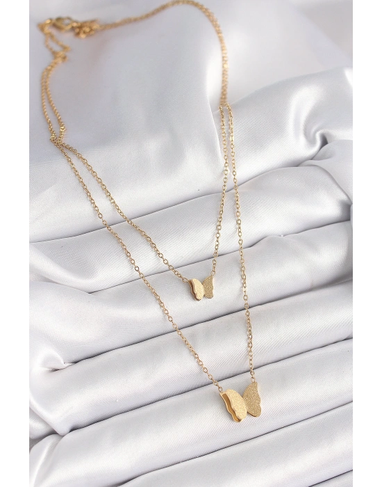 316L Çelik Gold Renk 2Li Simli Kelebek Model Kadın Kolye