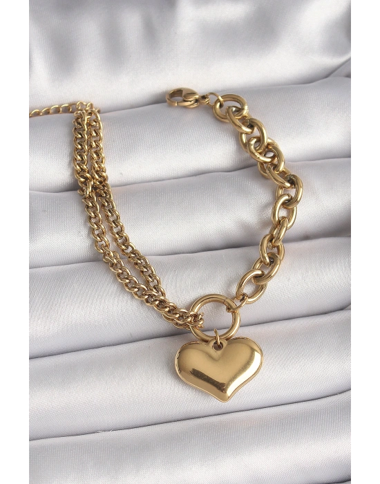 316L Çelik Gold Renk 2Li Zincir Model Kalp Figür Kadın Bileklik