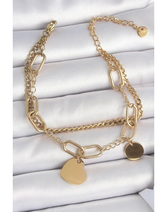 316L Çelik Gold Renk 2Li Zincir Model Sallantı Kalp Figür Kadın Bileklik