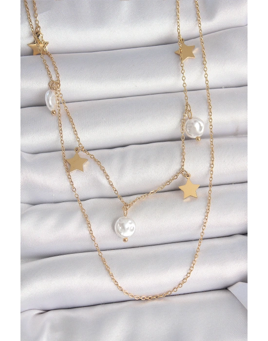 316L Çelik Gold Renk 2Li Zincir Sallantı Yıldız İnci Model Kadın Kolye