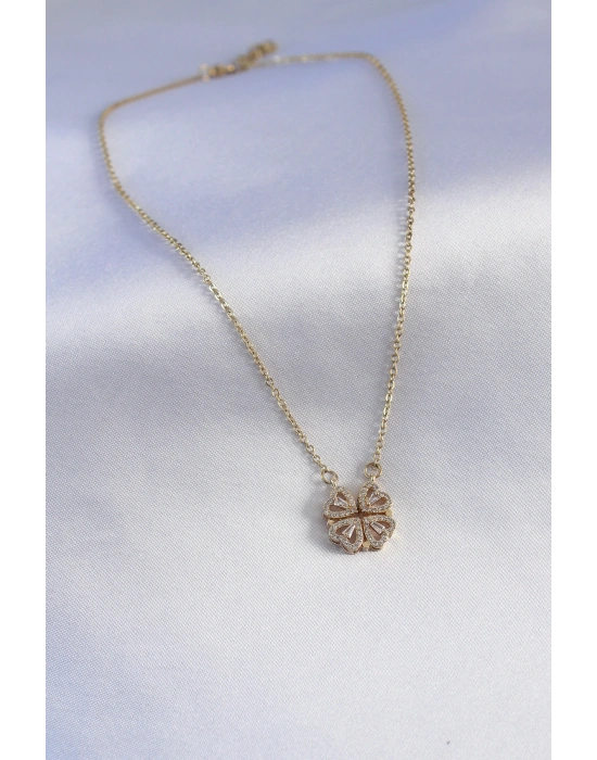 316L Çelik Gold Renk Açılır Zirkon Taşlı Yonca Model Kadın Kolye