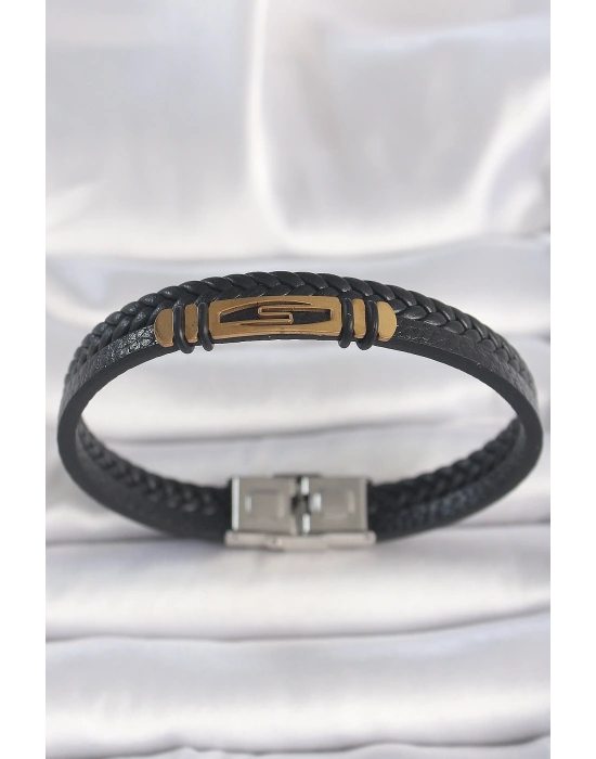 316L Çelik Gold Renk Aksesuarlı Çift Sıra Siyah Burgu Desenli Deri Kordon Erkek Bileklik