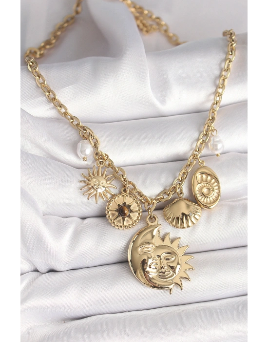 316L Çelik Gold Renk Ay Güneş Figür Deniz Kabuğu Detay Kadın Kolye