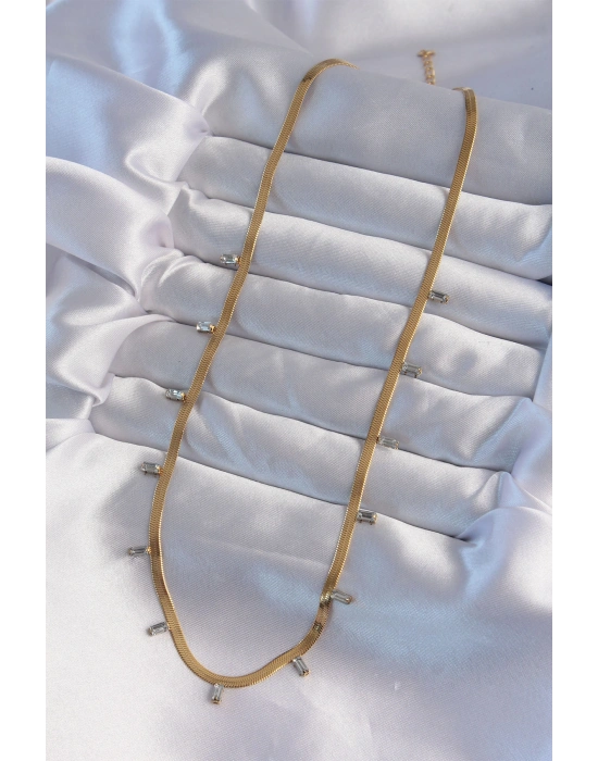 316L Çelik Gold Renk Baget Taşlı İtalyan Zincir Kolye