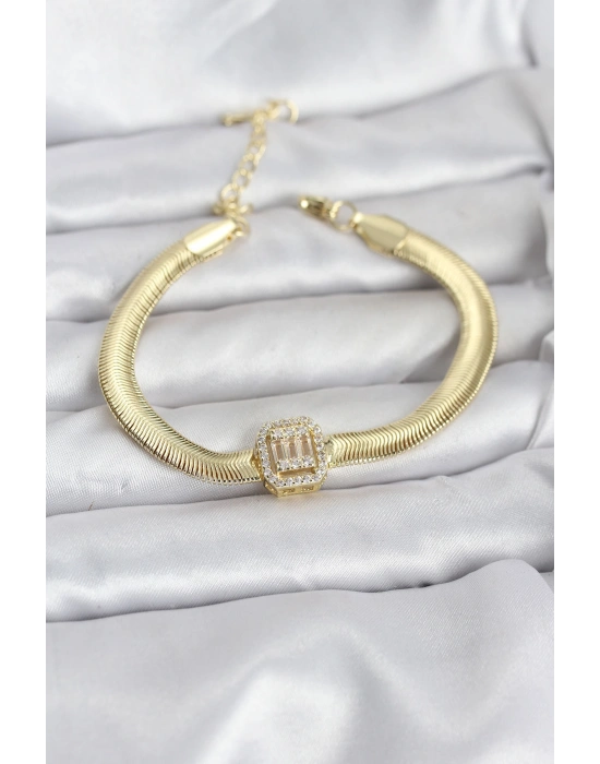316L Çelik Gold Renk Baget Zirkon Taşlı Yılan Zincirli Kadın Bileklik