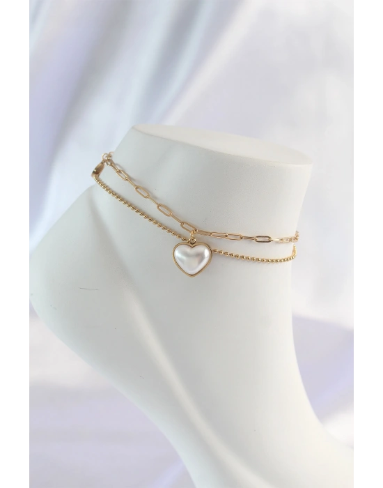 316L Çelik Gold Renk Beyaz Kalpli 2li Halhal