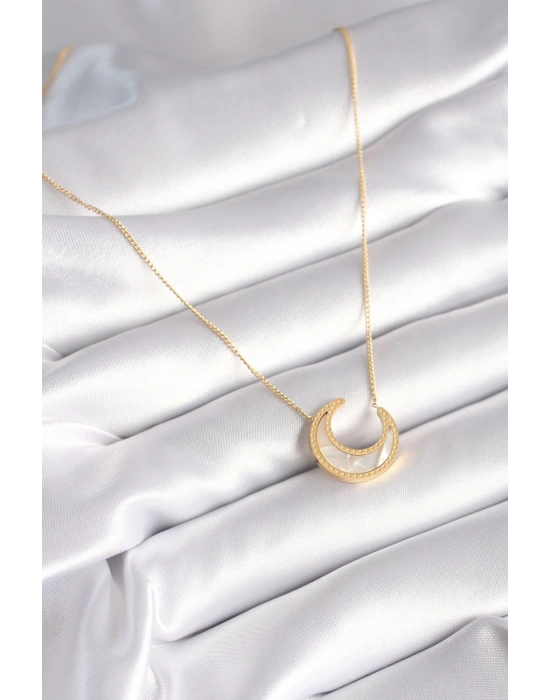 316L Çelik Gold Renk Beyaz Sedefli Hilal Model Kadın Kolye