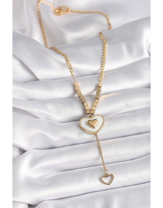 316L Çelik Gold Renk Beyaz Sedefli Kalp Model Sallantı Detay Kadın Kolye