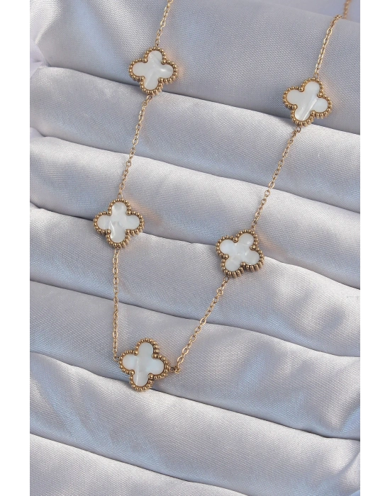 316L Çelik Gold Renk Beyaz Sedefli Yonca Kolye