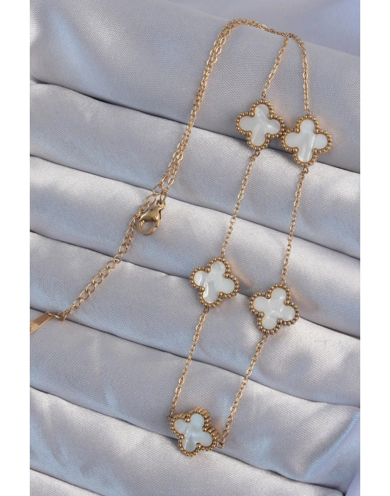 316L Çelik Gold Renk Beyaz Sedefli Yonca Kolye